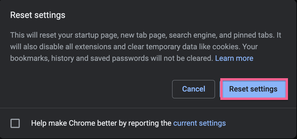 Click reset settings