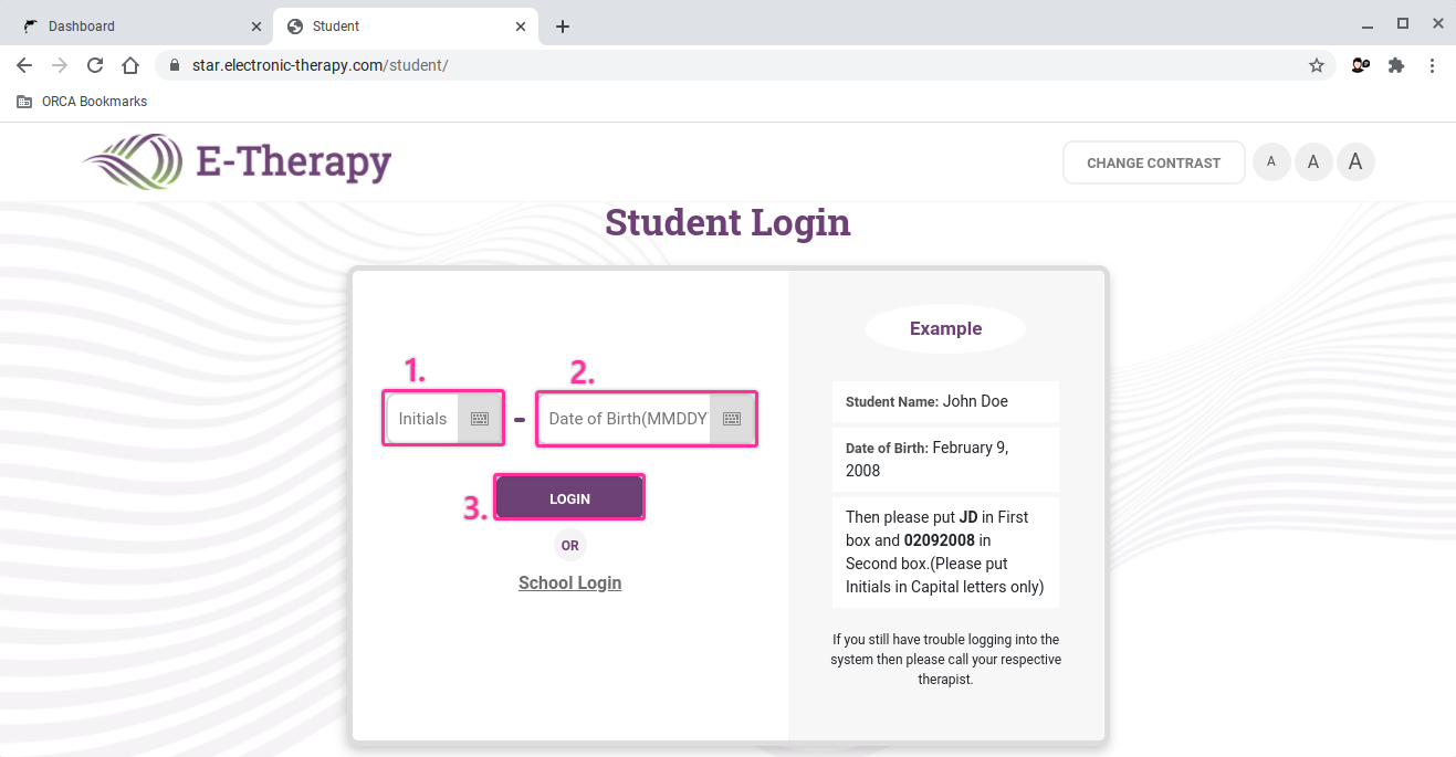 Logging into e-therapy with initials and date of birth